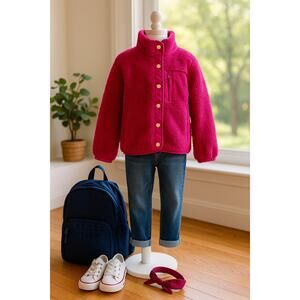 J.Crew Crewcuts Girls Sherpa Fleece Jacket Magenta Snap Jersey Lined | Size XL